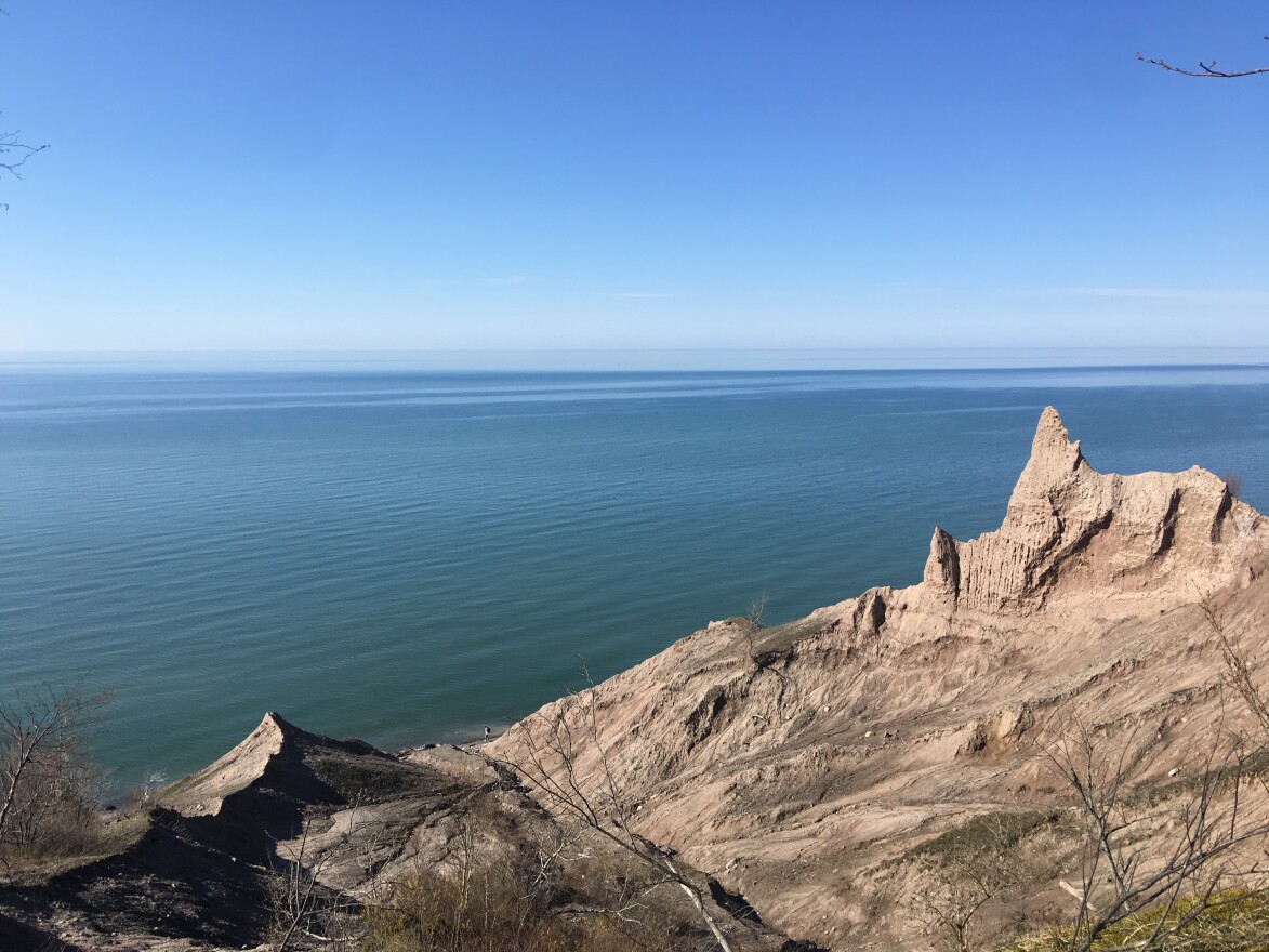 Chimney Bluffs State Park runs along the south shore of Lake Ontario.